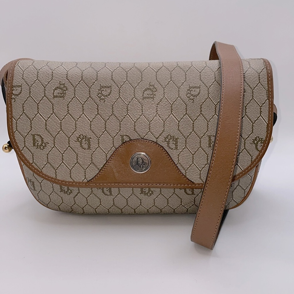 Pre Loved Dior Canvas Honeycomb Pattern Shoulder Bag Women Beige